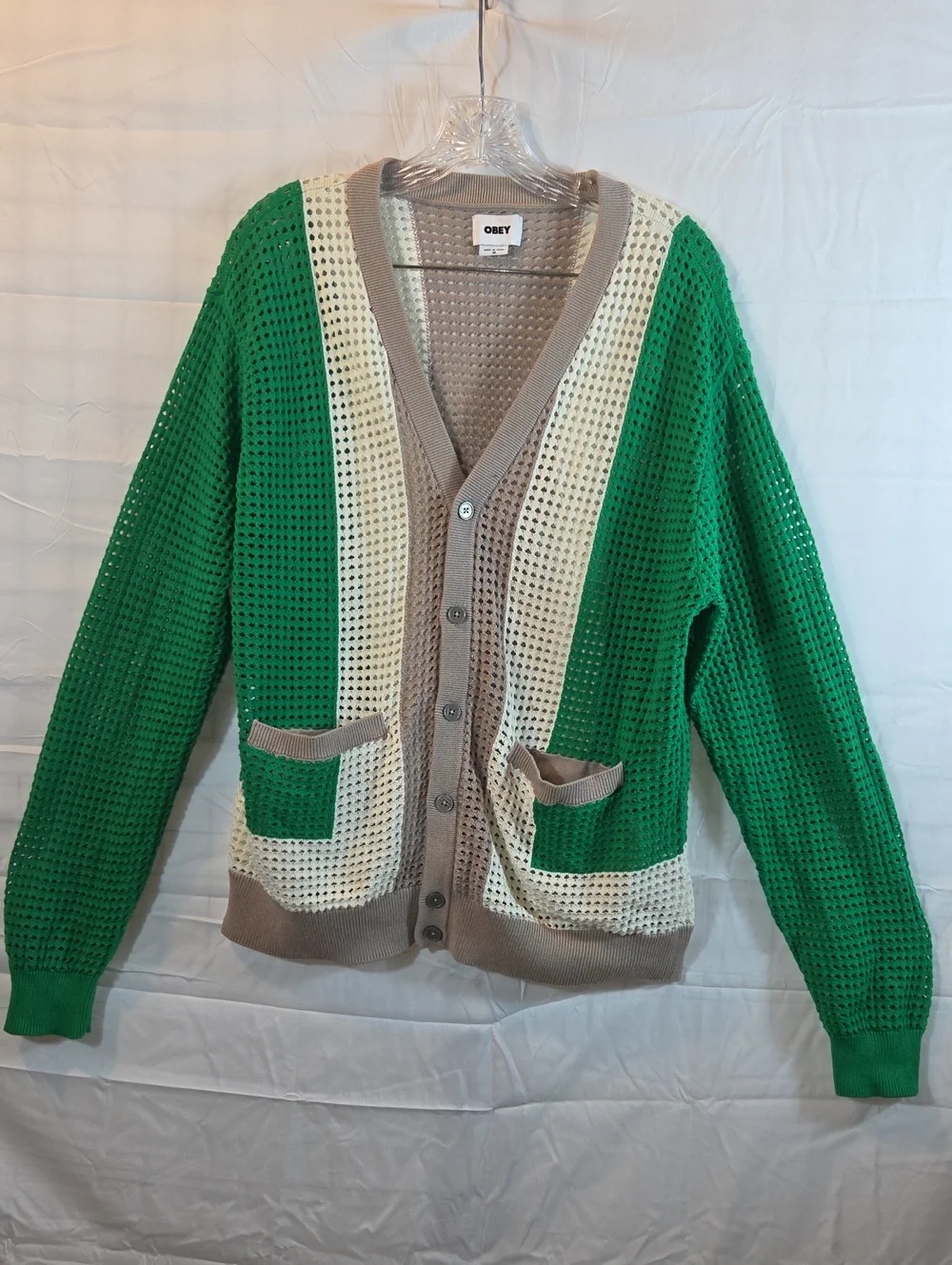 Obey Crochet Open Knit Cardigan Men's Md. Green Cream Tan Sweater (0255)
